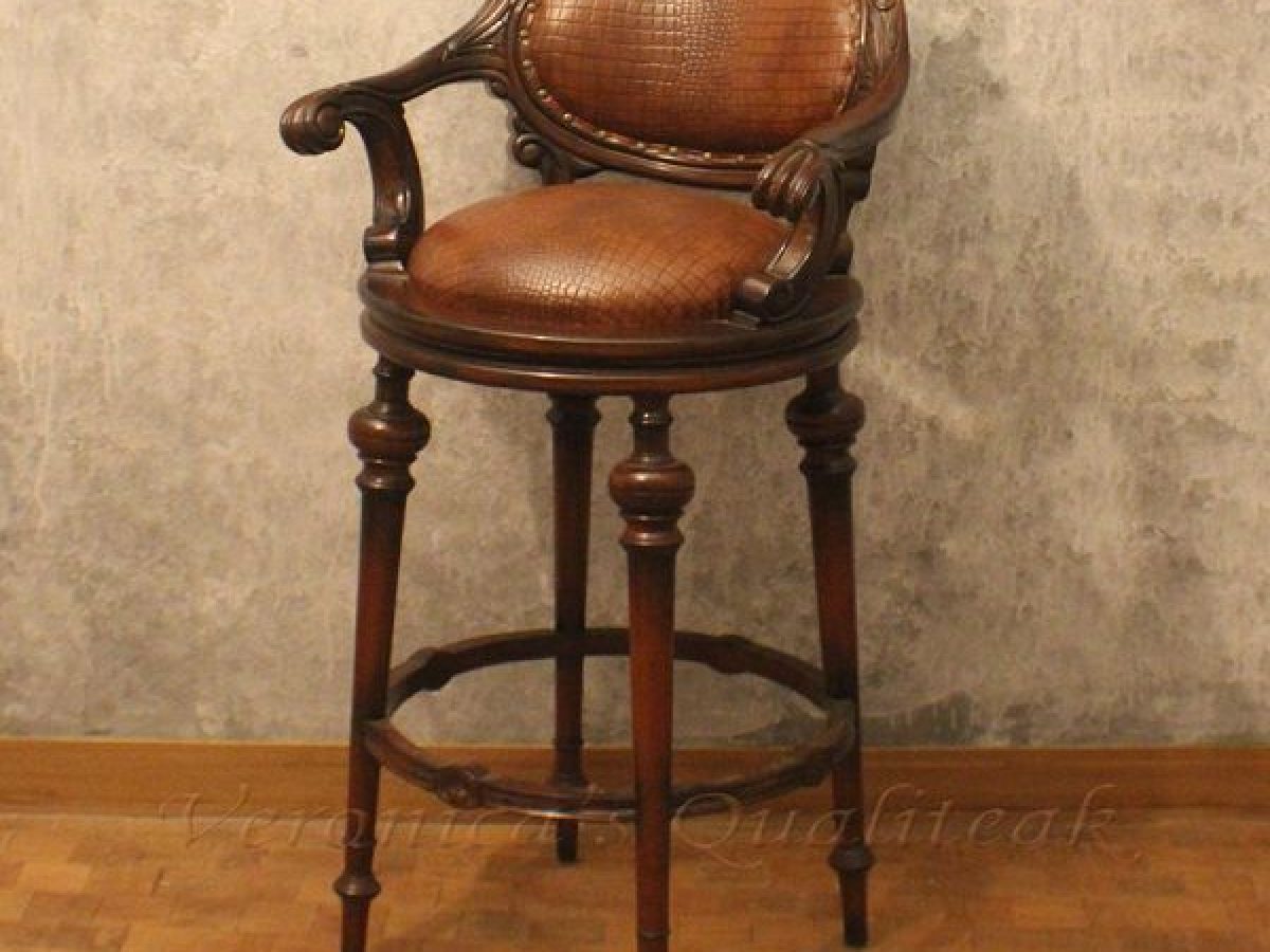 Antique Swivel Wooden Bar Stool Leather Upholstered Colonial